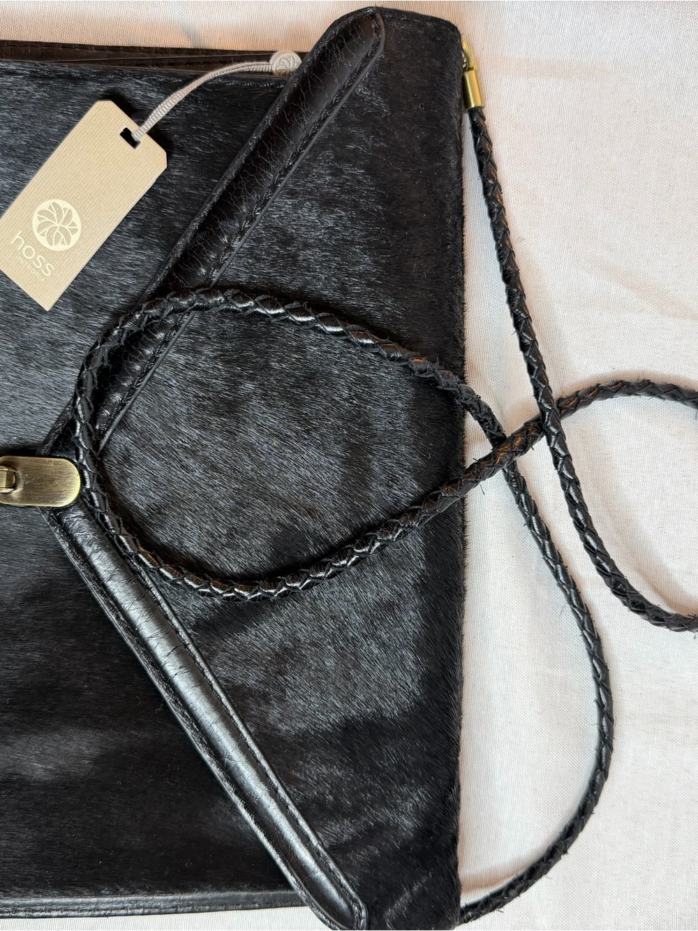 Hoss Black Haircalf Leather Envelope Shoulder Bag Vintage Woven Strap Clutch - Picture 2 of 12